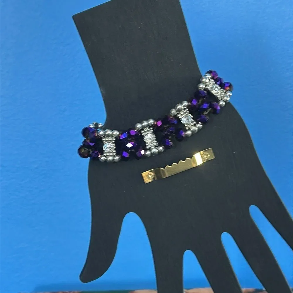 Purple Glass Bead Stretch Bracelet Faux Silver & Diamond Accents